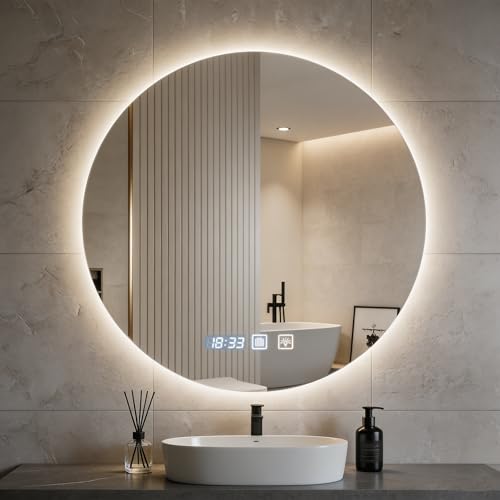Hondony Miroir de salle de bain rond à LED, 60 x 60 cm, mural, antibuée, lumière variable en 3 couleurs, miroir antibuée avec lumières rétroéclairées,...