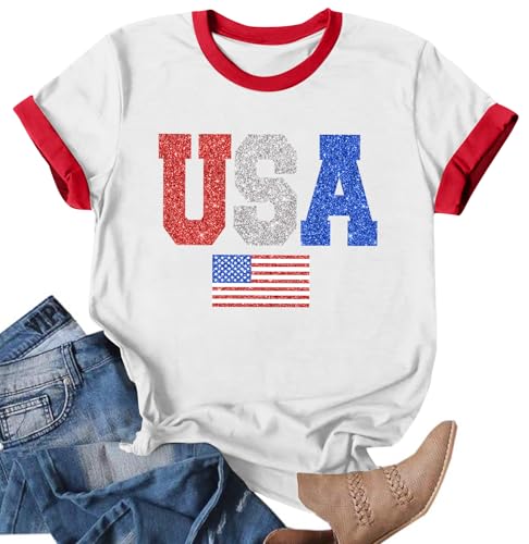 Image of Ithalt Women 4th of July Shirt Fourth of July Shirts USA Sequin Tshirt American Patriotic T-Shirt Stripes Tee Tops