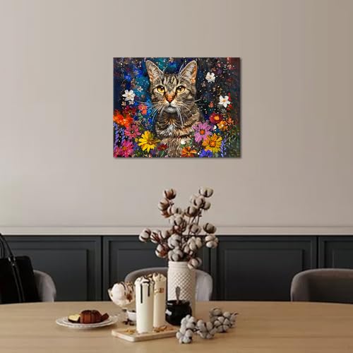 TUMOVO Pintura por números para adultos iniciantes, gato fofo entre flores brilhantes, faça você mes
