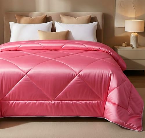 Image of SANMARINO Satin Comforter Double Bed 88x96 Inches | 300 TC Ultra Soft Silky Satin Comforter | Luxury Bedding for Bedroom, Couples, Wedding & Home Decor (Rose Pink)