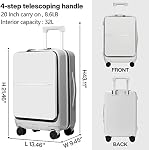 Hanke 20 Inch Carry On Luggage Airline Approved Hard Shell Suitcases with Wheels & Front Pocket TSA Luggage Lighiweight Carry On Suitcase for Travel Rolling Luggage(Grayish White)