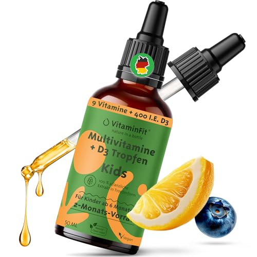 VitaminFit Kinder Multivitamin mit Vitamin D3-Tropfen Nahrungsergänzung für Kinder - Glutenfrei - Zuckerfrei - Laktosefrei - Flüssig - 100% Pflanzlich - Vegan - 50 ml