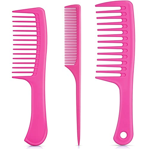 3 Pieces Handle Hair Combs Wide Tooth Hair Comb Detangling Comb Tail Comb Styling Comb Anti-static for Thick Hair Long Hair and Curly Hair (Rose Red)