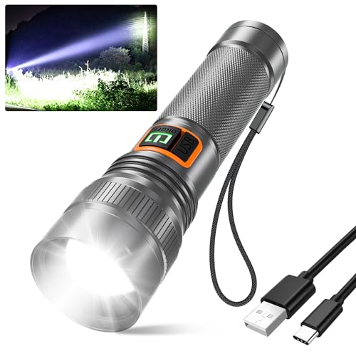 Annteneo Flashlights Rechargeable, 10000L High Lumens Tactical Flashlight Long Beam Small LED Flash Light, Small Spotlight Handheld Flashlights, Zoomable Waterproof for Camping, Home, Christmas Gift