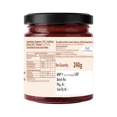 Image of Eatopia Sugar Free Strawberry Honey Jam | 100% Pure & Natural | Healthy Jam for Kids & Adults | No Added Flavours & Preservatives | 70% Real Strawberries | Sweetness from Real Fruits & Honey | Pack of 1 | 240g