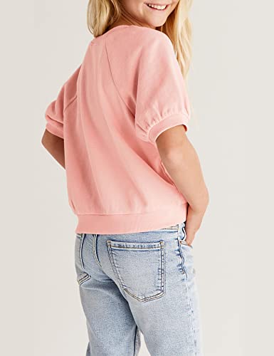 Image of Kids Girls Cute T-Shirt Short Puff Sleeve Basic Solid Casual Loose Pullover Ribbed Cuffs Hem Pink Tees Size 4-13Years
