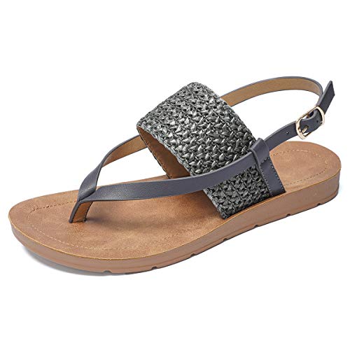 CAMFOSY Flat Sandals for Women, Womens Summer Sandals Open Toe Dress Shoes Wide Width Casual Strappy Tan Sandals Bohemian Gladiator Shoes Slip on Beach Sandals Ankle Strap Summer Flats Black 1 7