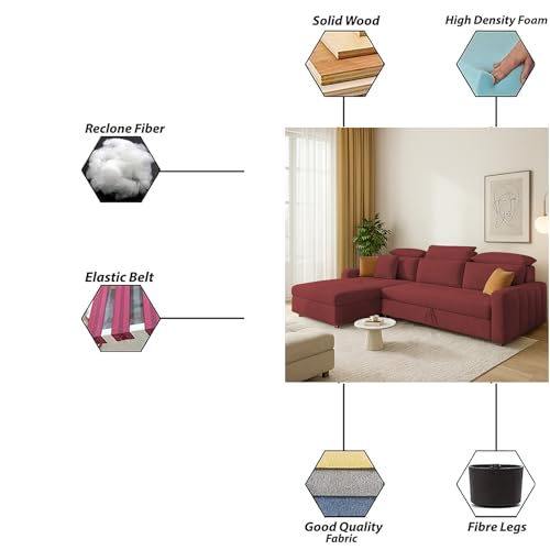 Image of Casaliving Gagnon LHS 4 Seater L Shape Corner Sofa Cum Bed for Living Room (Maroon Fabric) Premium Fabric Sofa