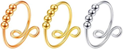 Kdgtebo 3 PCS Anti Stress Anxiety Ring,Women Girl Stress Relieveing Rings,Rotatable Fidget Ring,Freely Beads Open Finger Band Rings,Adjustable Relieving Reduce Anxiety Ring,Gold/Rose Gold/Silver