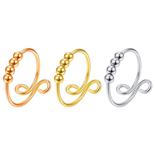 Kdgtebo 3 Pcs Anti Stress Anxiety Ring,Women Girl Stress Relieveing Rings,Rotatable Fidget Ring,Freely Beads Open Finger Band Rings,Adjustable Relieving Reduce Anxiety Ring,Gold/Rose Gold/Silver #TOP9