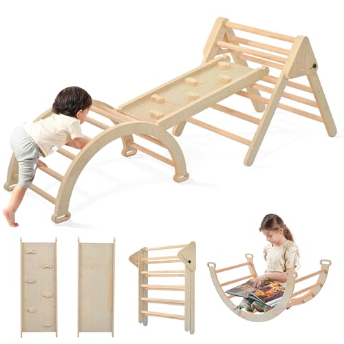 Image of OLLIKIVI Pikler Triangle Set,4 in 1 Toddler Indoor Climbing Toys,Montessori Collapsible Climbing Set,Playground Toys with Ramp,Arch and Ladder,Toddler Toys for 1-6 Years (Wood)