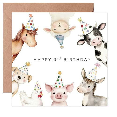 Childrens First Birthday Card Farm Animals Design Happy 3rd Birthday Card for Boy Girl Blank Inside with Envelope (3rd)