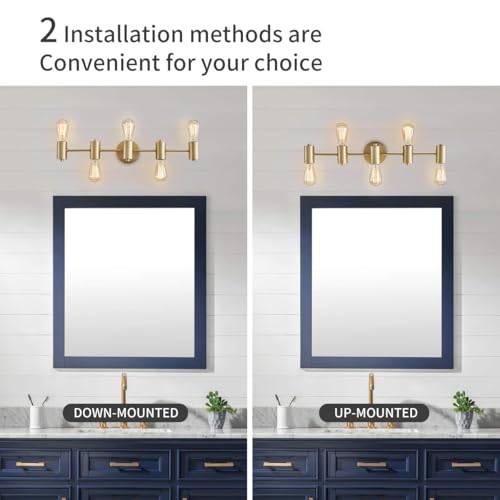 Image of WUZUPS 5-Light Bathroom Light Fixture Over Mirror Morden Vanity Wall Scones Light for Bedroom Living Room, E26 Base, Gold