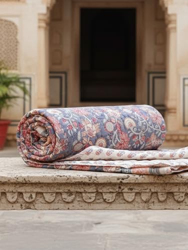 Image of Zuhur Jaipuri Double Bed Comforter | 100% Cotton Reversible AC Comforter Blanket Quilt Razai | Winter Summer All Season Dohar | Skin-Friendly Bedding | Handblock Printed Gift for Home Decor