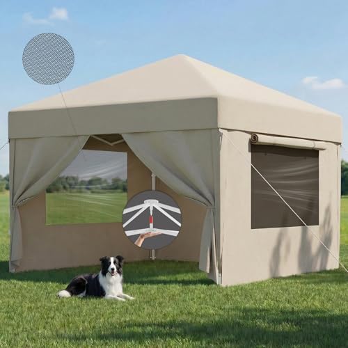 JUMMICO Gazebo 3x3 Pieghevole Impermeabile｜Zanzariera Arieggiata Anti-Insetti｜Robusto, Durevole, Impermeabile e Anti-UV｜Installazione e Rangement Rapidi｜Ideale per Cortile, Campeggio e Altro｜Beige