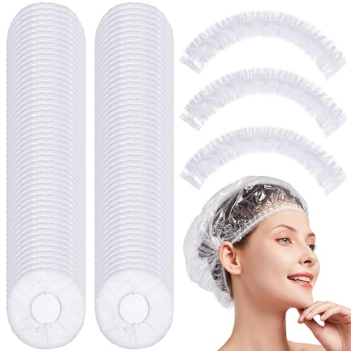 100PCS Gorros de Ducha Desechable,Gorros Desechables Estetica, Gorros Ducha Impermeable,Gorro de Ducha Elástico Shower Cap Para Uso en el Hogar, Hotel, Spa y Peluquería