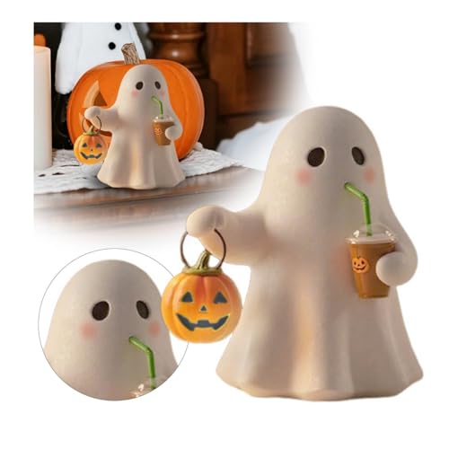 Image of Halloween Decorations Indoor, Cute Ghost Light with Pumpkin Lantern, Battery Operated LED Spooky Night Light, Tabletop Ornament for Home Party Kids Room Decor (1)