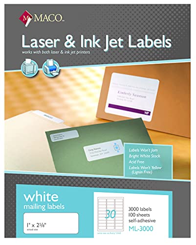 Maco Laser/Ink Jet White Address Labels, 1" X 2-5/8", 100 Sheets, 3000 Per Box (Ml-3000) #TOP6