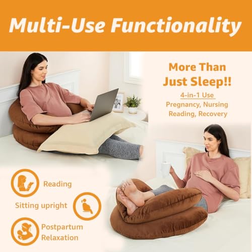 Image of Amazon Basics Full Body Pregnancy Pillow for Maternity, Baby Nursing, Full Body Support -Abdomen,Hip, Spine, Neck& Leg Support Cushion| Perfect Baby Shower Gift |C-Shaped-Washable Cover with Zip-Brown