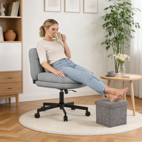 Submi Silla de Oficina Ergonómica con Tela Cómoda, Silla Escritorio sin Brazos sin Reposabrazos con Altura Ajustable, Silla Tocador con Cojín de Asiento Grande para Maquillaje, Dormitorio, Gris Claro