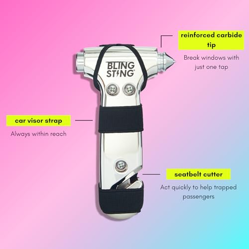 BLINGSTING Car Emergency Escape Hammer, Seatbelt Cutter, Window Breaker Tool, Interior Visor Strap, New Driver Vehicle Safety Essentials, Cute Car Accessories for Women - Black & Silver, 2 Count