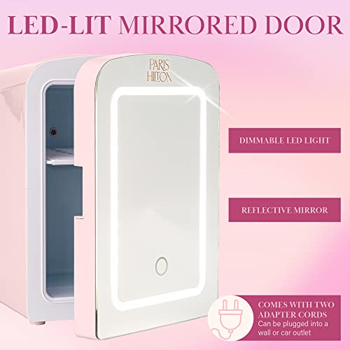 Paris Hilton Mini Refrigerator And Personal Beauty Fridge, Mirrored Door With Dimmable Led Light, Thermoelectric Cooling And Warming Function For All Cosmetics And Skincare Needs, 4-Liter, Pink #TOP5