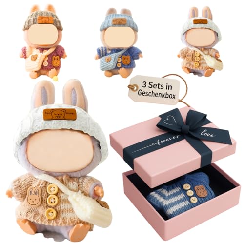 Bekleidung für 17cm Plüschpuppe 9 teiliges Kleidungsset für Puppe Geschenkbox mit Pullover Mütze und Tasche DIY Kinder Geschenke.
