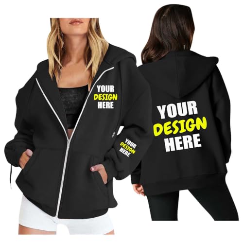 Image of Women's Personalised Hoodie Custom Front and Back Jacket with Image Text | Zip Up Hooded Sweatshirt, Novelty Customised Pullover Tops, Create Your Own Jumper, Long Sleeve Loose Coat, Funny Hoodies