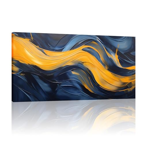 Art mural abstrait bleu et or pour salon | Toile moderne élégante 20x41cm