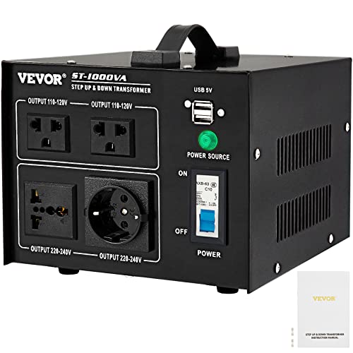 VEVOR Voltage Converter Transformer,1000W Heavy Duty Step Up/Down Transformer Converter(240V to 110V, 110V to 240V),2 US&1 UK&1 Universal Outlet with Circuit Break Protection,5V USB Port,CE Certified