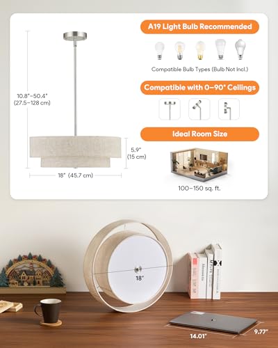 Image of VONLUCE 18 inch Modern Drum Chandelier, 4-Light 2-Tier Linen Pendant Light