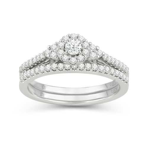 Jewelili 925 Sterling Silver Diamond Ring for Women | 0.50 CTW Round Bridal Set Wedding Engagement Rings | H Color I1 Clarity | Lab Grown Diamond Ring | Size 6,7 & 8