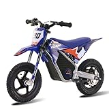 OLALA Electric Dirt Bike for Kids Aged 3-7, 200W Racing Grade Electric Motorcycle, Up to 8MPH & 2 Speed Settings, Safe Disc Brakes, 12'' Off-Road Knobby Tires, Blue