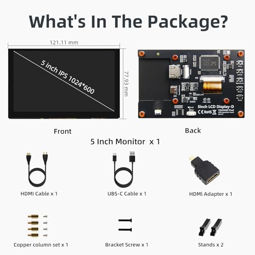 Image of 5 Inch HDMI Monitor 1024x600 LCD Touch Screen Display Mini Small Monitor for Raspberry Pi 5 /4 /3 /2 /B /B+, BB Black, Win 11 /10 /8 /7