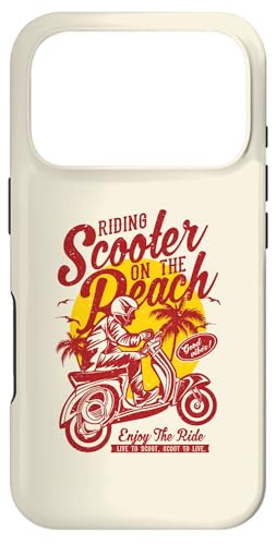 ビーチに乗るスクーター レトロ ヴィンテージ アンティーク調スタイル デザイン スマホケース iPhone 17 Pro 用