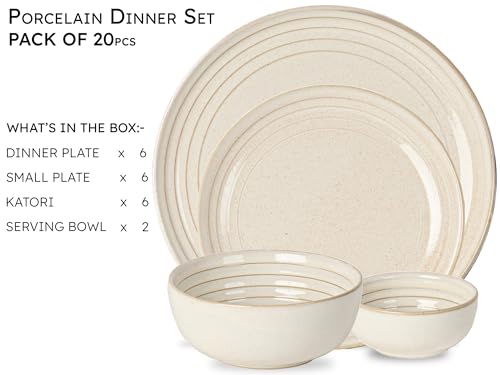 Image of Bodhi House Handcrafted Chip Resistance Porcelain Solid Dinner Set, 20 Pieces Dish Set Serving for 6, Microwave and Dishwasher Safe, Bone-Ash Free, Crockery Set for Dining and Gifting, Spanish White