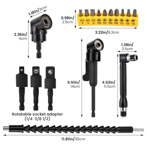 17Pcs Flexible Drill Bit Extension, with 3pcs Rotatable Socket Adapter, 2Pcs Hex Shank 105° Right Angle Drill Attachment, 10pcs Short Screwdriver Bit, 90° Angled Bits and Bendable Drill Bit Extension