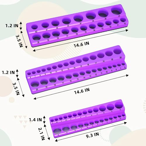 Image of Magnetic Socket Organizer Set, 3-Piece Socket Holder Trays for 1 /4 inch 3 /8 inch 1 /2 inch Drive Sockets, Organizes 68 Metric Sockets, Purple Tool Box Organizer (Sockets Not Included)