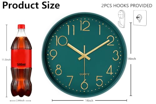 Image of Modern Silent Wall Clock, 14 Inch Wall Clocks Battery Operated | Large Number, Non-Ticking Analog Clock with Tempered Glass Quartz Clocks for Living Room Bedroom Office Kitchen, Dark Green
