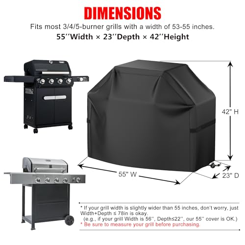 BBQ Grill Cover, Waterproof, Weather Resistant, Rip-Proof, Anti-UV, Fade Resistant, with Hook-and-Loop Straps, Gas Grill Cover for Most Grills, 55 inch, Black