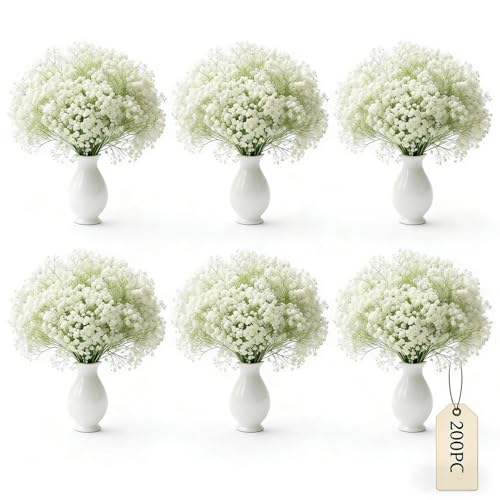 WishToday 200 Pcs Artificial Baby's Breath Flowers Bulk, Real Touch White Gypsophila Fake Flowers with Bendable Stems for Wedding Bouquets,...