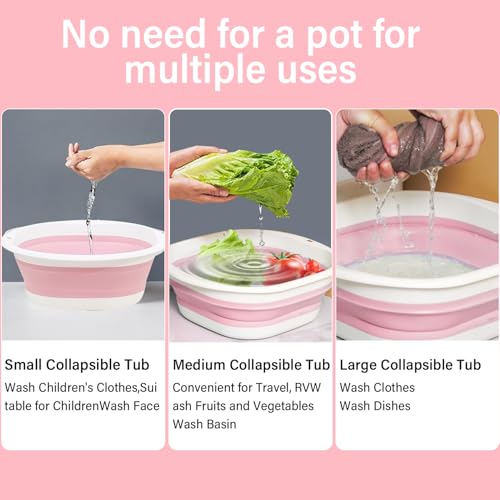 STAYOUNG 3-Pack Foldable Wash Basin Set - Multipurpose Collapsible Wash Basin, Portable and Space Saving, for washing and kitchen,toy storage bin Dog Bathtub(Pink)