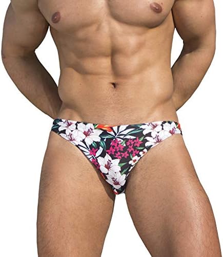 Easejuicy Mens Swimwear Flowers Sexy Bikini Swim Briefs Low Rise Swimsuits (Lily, XX-Large for Waist 34-36 in)