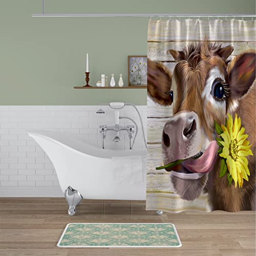 Eryoshmo Cow Sunflower Shower Curtain Sets Watercolor Brown Modern Bathroom Decor Cute Funny Highland Cow Farmhouse Shower Curtain Waterproof Fabric Shower Curtain Set With Hooks 72X72 Inch #TOP5