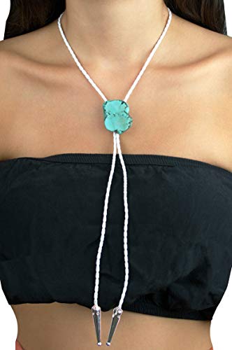 Image of Daisy Del Sol Bolo Tie Turquoise Stone Braided Vegan Faux Leather Silver Tips Handmade Necklace Adjustable Boho Western Jewelry