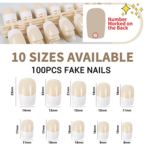 Finger Queen French Fake Nails,100Pcs Natural Press On False Nails Kit Artificial Beige Medium Length Full Cover Nails Diy Acrylic Nail Art Tip Salon Gifts For Women Girls,10 Sizes #TOP3