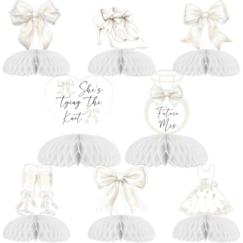 Fangleland 8Pcs White Bow Bachelorette Honeycomb Centerpieces, She's Tying The Knot Bridal Shower Decorations Bowknot Theme Table Toppers for Engagement Decor Supplies