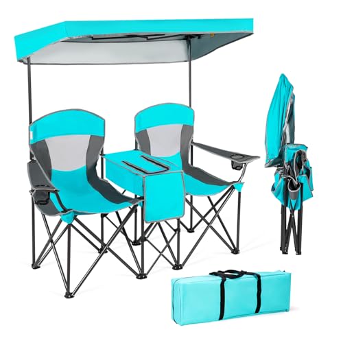 KOMFOTTEU Silla de Camping Plegable para 2 Personas, Silla de Pesca con Toldo Ajustable, Mesa Lateral y Soporte para Bebidas, con Bolsa de Transporte (Turquesa)