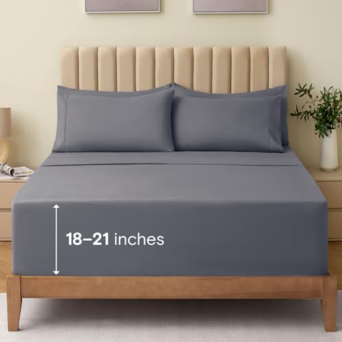 Image of LuxClub 5 PC Split King Sheet Set Bed Sheets Deep Pockets 18 inch Wrinkle Free Cooling Sheets Machine Washable Hotel Bedding Silky Soft - Light Grey Split King