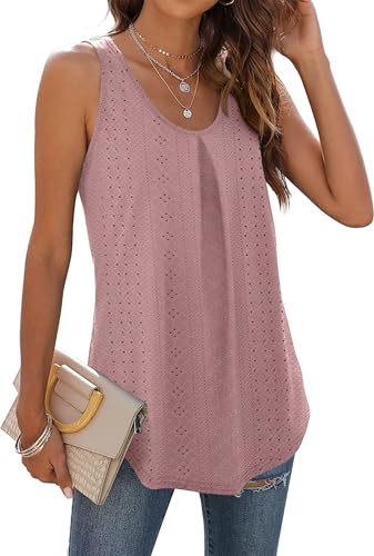 WIHOOL Ladies Tops Scoop Neck Summer Vest Tops Women UK Sleeveless Eyelet Embroidery Tank Shirt Light Pink L